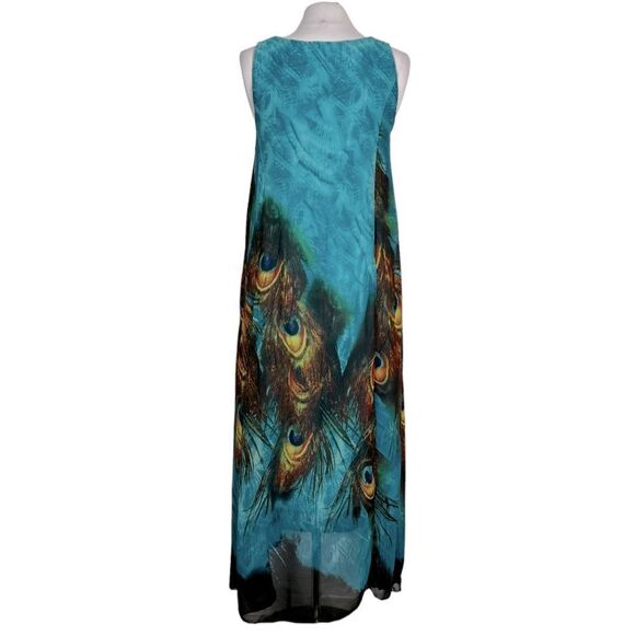 Stunning PEACOCK Feather Animal Print Sleeveless Chiffon Maxi Shift Kaftan Dress - Picture 7 of 9